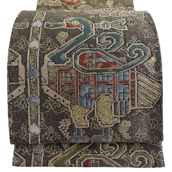 美品 袋帯 名品 アヒル 幾何学 箔 金糸 黒 六通 正絹 中古