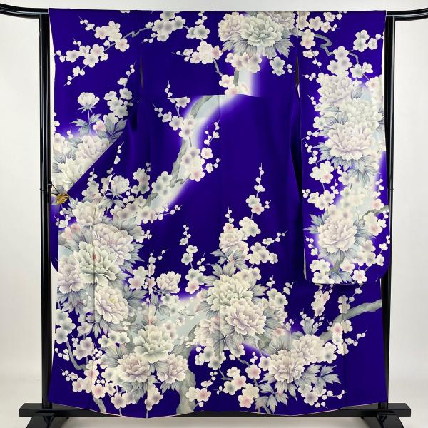 正絹 振袖 紫 古典柄 梅牡丹 金彩 地紋 身丈159 裄63 袖丈105 振袖 身丈157.5cm 裄丈63.5cm S 袷 牡丹 枝梅 銀彩 刺繍 紫 正絹 秀品