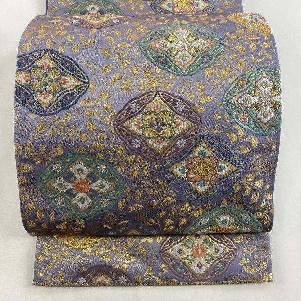 袋帯 美品 秀品 七宝 花菱 金銀糸 箔 紫 六通 正絹 中古 : リユース