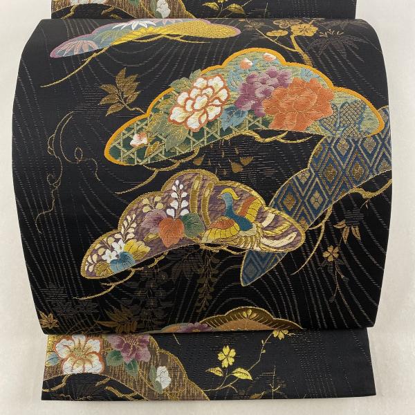 袋帯 美品 秀品 松 花鳥 箔 金糸 黒 六通 正絹 中古 : リユース