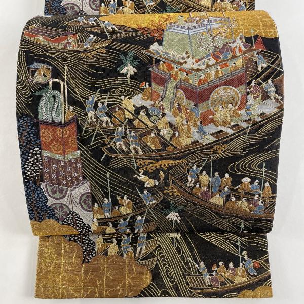 袋帯 美品 秀品 慶祥夢絵巻 金糸 箔 黒灰 六通 正絹 中古 袋帯 美品 秀品 慶祥夢絵巻 金糸 箔 黒灰 六通 正絹 中古