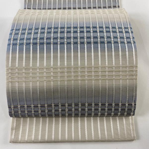 開き名古屋帯 美品 逸品 藤山千春 落款あり 吉野間道 縞 ベージュ 正絹  