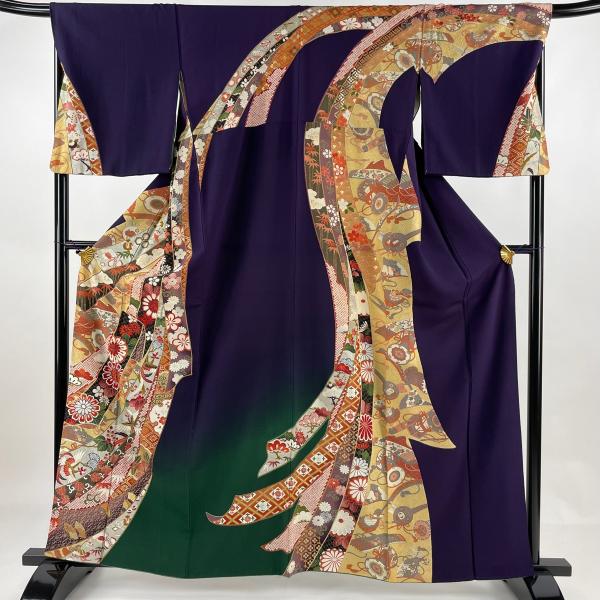 訪問着 身丈161cm 裄丈68cm L 袷 菊 尾長鳥 金銀彩 染め分け 濃紫 正絹