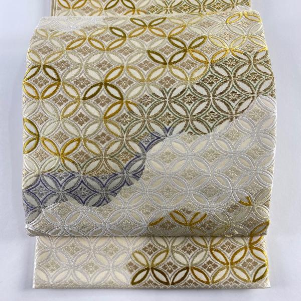 袋帯 名品 七宝繋ぎ 唐織 金銀糸 ベージュ 六通 正絹 中古 : リユース 