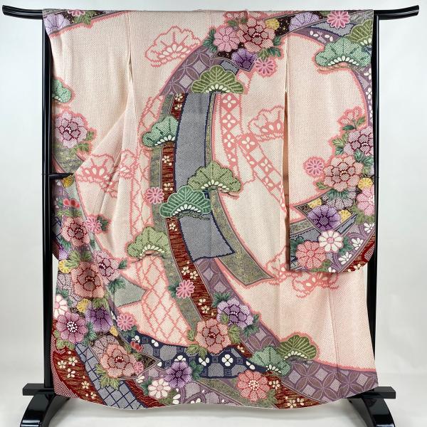 振袖 身丈160cm 裄丈65cm M 袷 草花 熨斗 金彩 絞り ピンク 正絹 名品