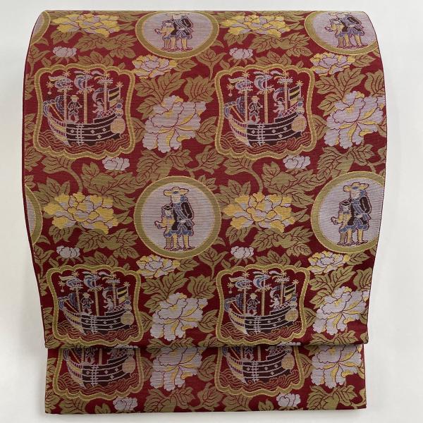 袋帯 美品 名品 川島織物 落款あり 人物 帆掛船 えんじ色 六通 袋帯 美品 名品 川島織物 落款あり 人物 帆掛船 えんじ色 六通