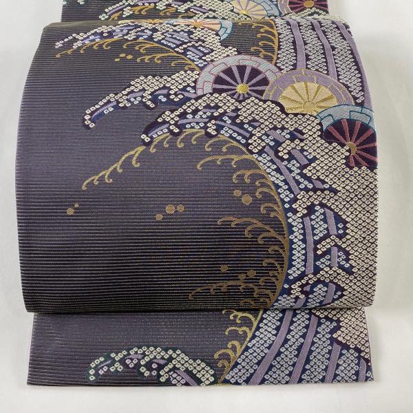 袋帯 美品 秀品 本泥染袋帯 段縞 よろけ縞 金糸 黒灰 