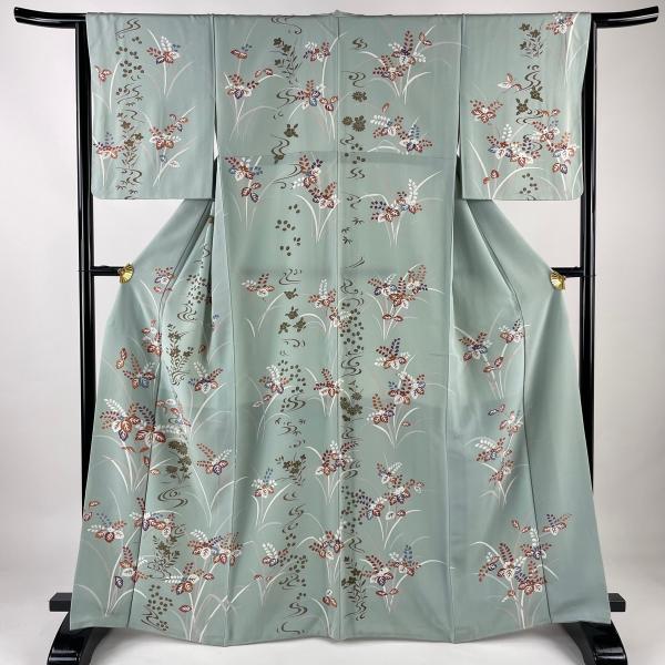 付下げ 身丈167cm 裄丈64cm M 袷 桐 秋草 薄緑 正絹 秀品 中古 - 付下げ 