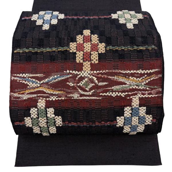 名古屋帯 名品 八寸名古屋帯 松橋仕立て 幾何学 茶紫 正絹 中古