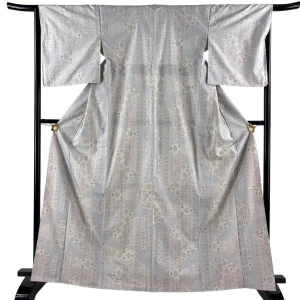 美品 紬 身丈166cm 裄丈66cm M 袷 草花 幾何学模様 青灰色 正絹 名品