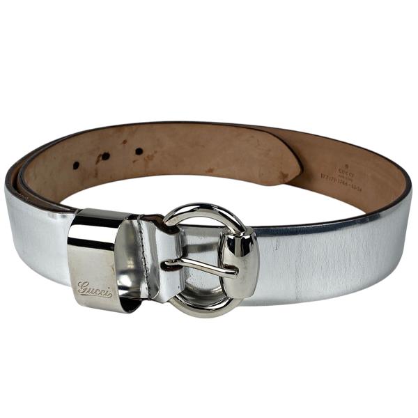 GUCCI グッチ ロゴ ベルト レザー シルバー メンズ 中古