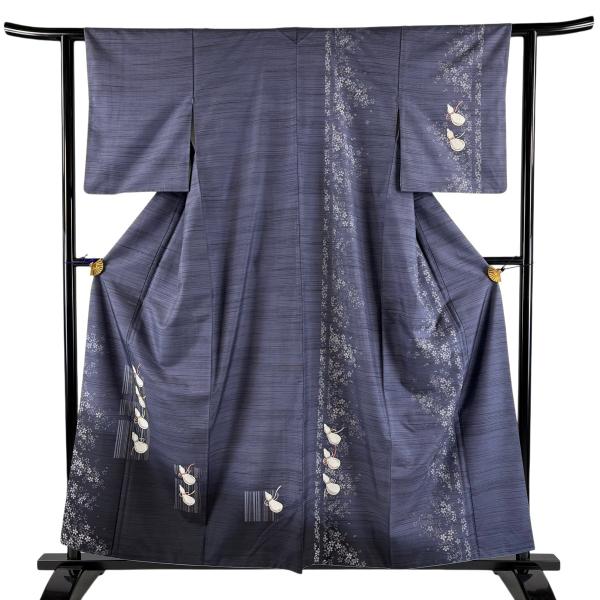 美品 付下げ 身丈158.5cm 裄丈60.5cm S 袷 紬地 瓢箪 桜 金彩 灰紫 正絹 秀品 中古