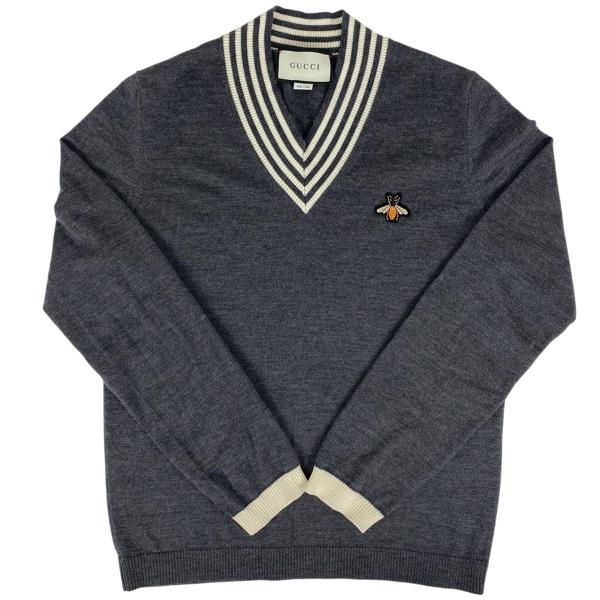 GUCCI グッチ ビー Vネック セーター ニット トップス 毛 グレー
