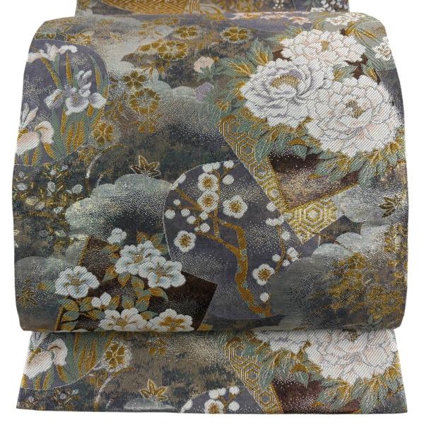 美品 袋帯 名品 江戸琳派 色紙 草花 金糸 箔 灰紫 六通 正絹 中古 在庫一掃