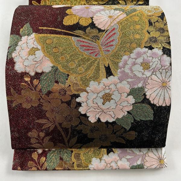 袋帯 美品 秀品 振袖向き 牡丹 蝶 金銀糸 箔 黒 六通 正絹 中古 袋帯 美品 秀品 振袖向き 牡丹 蝶 金銀糸 箔 黒 六通 正絹 中古