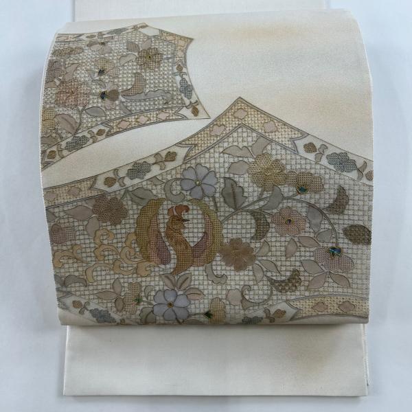 袋帯 美品 名品 華文 鳳凰 刺繍 銀通し クリーム お太鼓柄 正絹