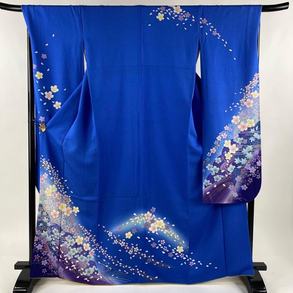 振袖 身丈165cm 裄丈68.5cm L 袷 桜 流水 銀通し 金彩 青 正絹 美品