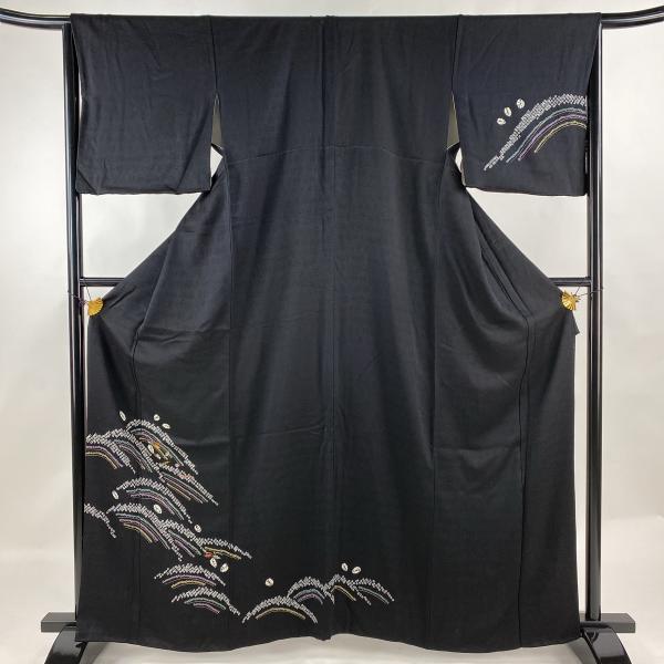 付下げ 身丈160cm 裄丈65.5cm M 袷 犬 刺繍 総絞り 黒 正絹 逸品  