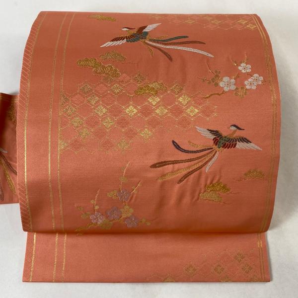 名古屋帯 美品 優品 尾長鳥 松梅 箔 金糸 サーモンピンク 正絹