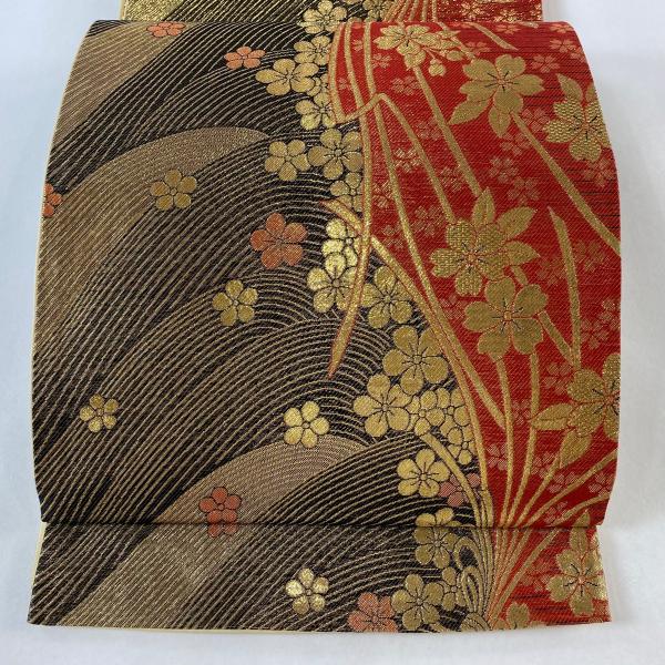 袋帯 美品 秀品 振袖向き 桜 束ね熨斗 箔 赤 全通 正絹 中古