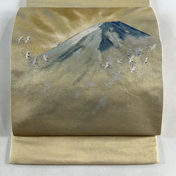 袋帯 名品 じゅらく 落款あり 横山大観 霊峰飛鶴 箔 金色 お太鼓