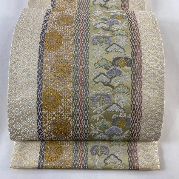 袋帯 美品 名品 御倉唐組 笠松 桐 金銀糸 ベージュ 六通 正絹 中古