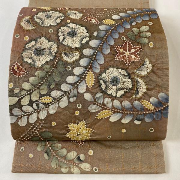袋帯 美品 名品 落款あり 辻ヶ花 箔 薄茶色 お太鼓柄 正絹 中古 