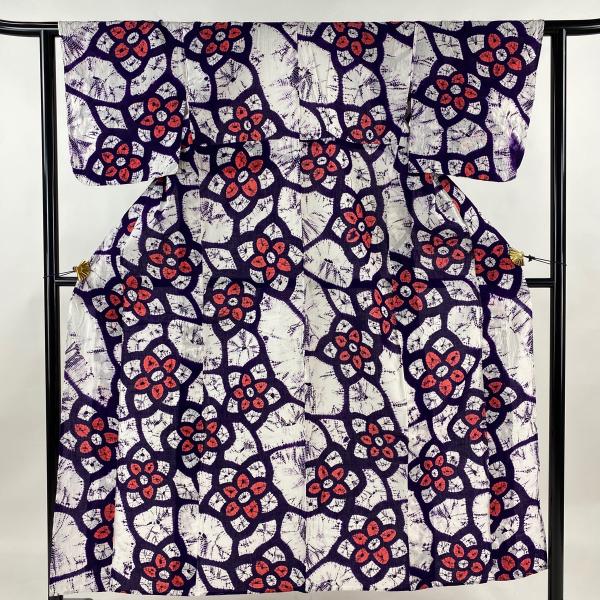浴衣 身丈150cm 裄丈61cm S 絞り浴衣 花 紫 綿 名品 中古 : リユース  