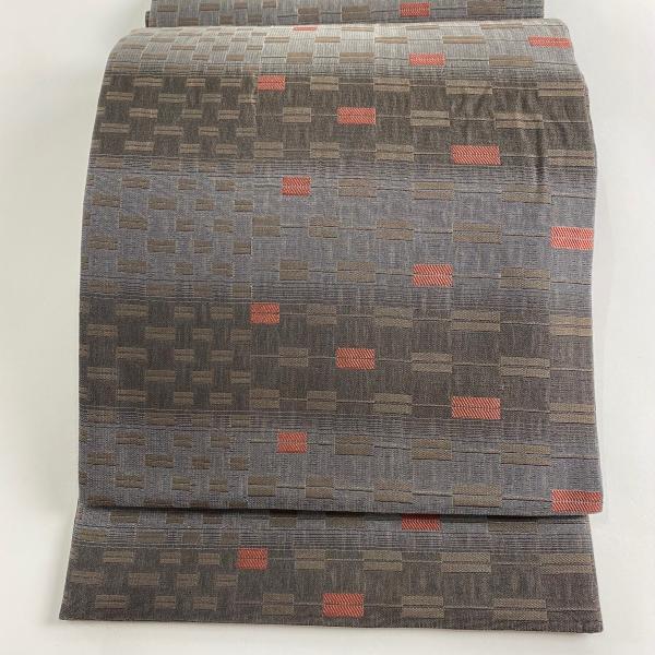 袋帯 美品 秀品 幾何学模様 灰茶 全通 正絹 中古 : リユース