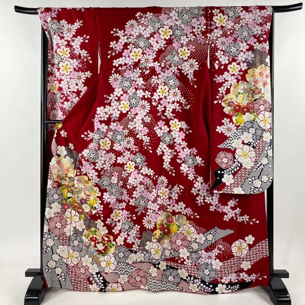 振袖 身丈167cm 裄丈69cm L 袷 御所車 桜 金糸 金彩 赤 正絹 名品 中古  