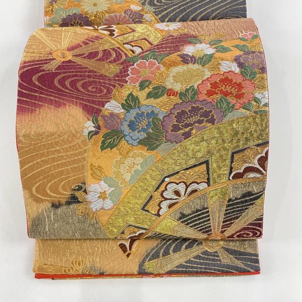 袋帯 美品 秀品 片輪車 草花 金糸 箔 金色 六通 正絹 中古 在庫