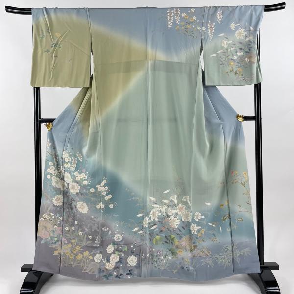 訪問着 身丈161cm 裄丈70cm L 袷 手描き友禅 圭雪 落款あり 枝花