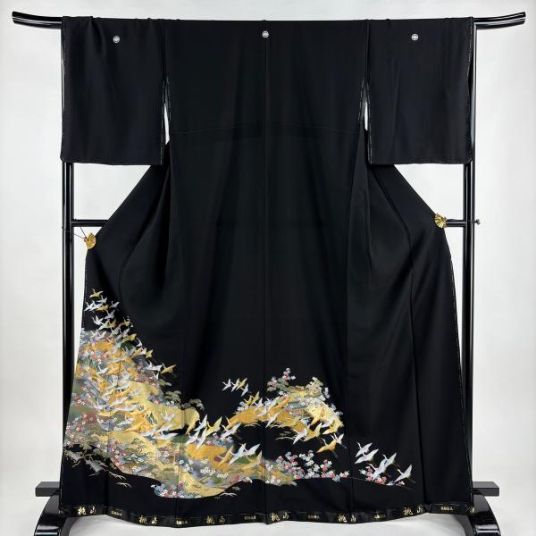 黒留袖 身丈168cm 裄丈66cm M 袷 鶴 霞 金彩 黒 正絹 美品 秀品