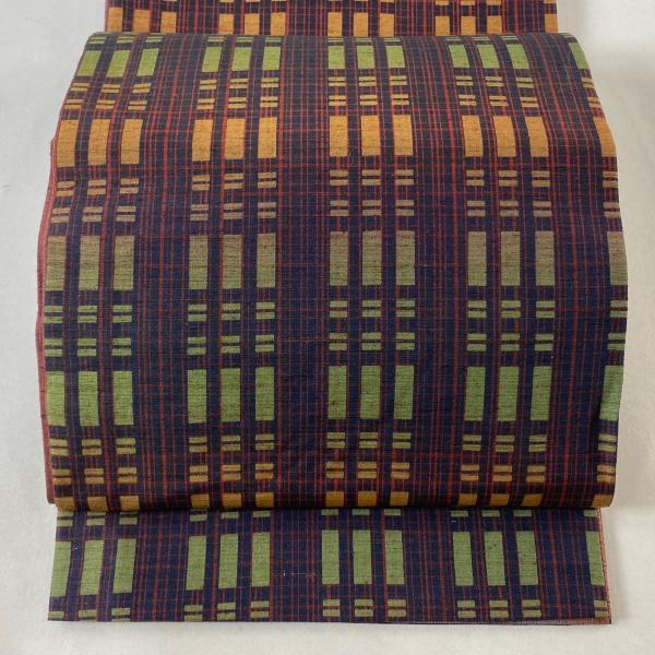 袋帯 美品 逸品 紬地 格子 紺色 全通 正絹 中古 在庫一掃 : リユース