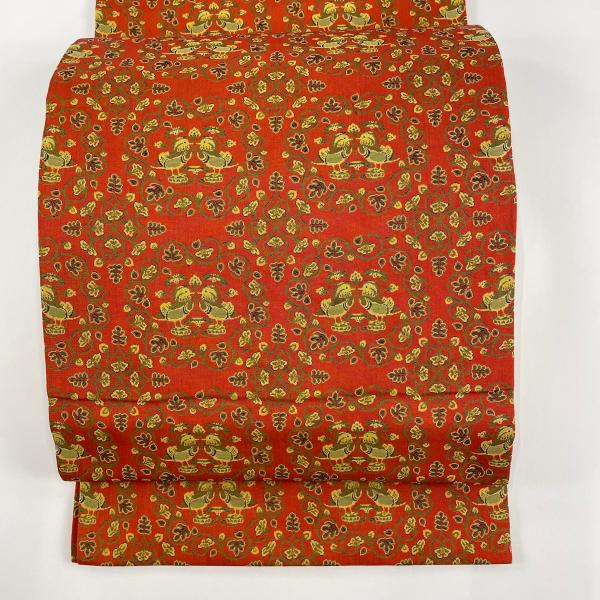 開き名古屋帯 名品 龍村美術織物 落款あり 鴛鴦 唐草 朱色 正絹 中古