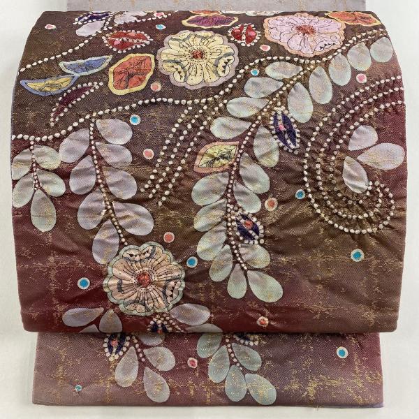 【締め跡あり】袋帯 刺繍　エジプト　光沢紫色　お太鼓柄 袋帯 名品 落款あり 辻が花 箔 赤紫 お太鼓柄 正絹 中古 : リユース