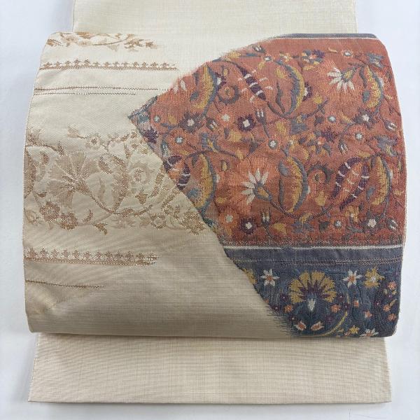 袋帯 秀品 草花 金糸 ベージュ お太鼓柄 正絹 中古 在庫一掃