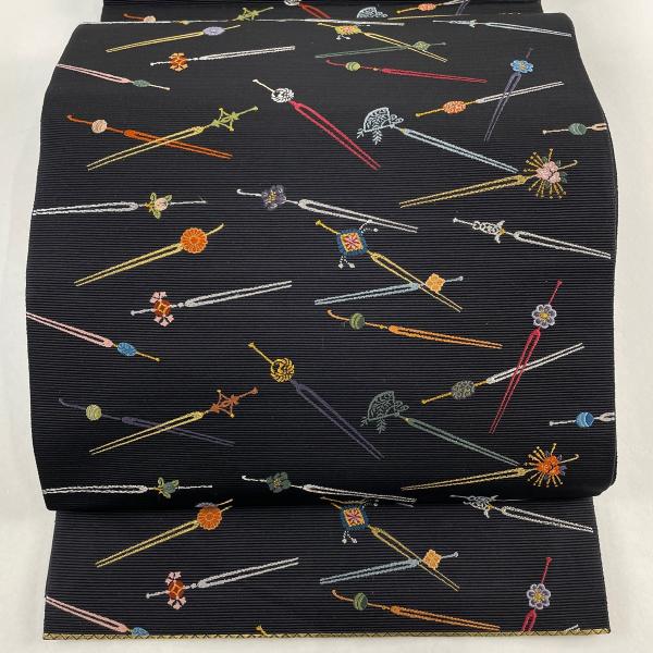 袋帯 美品 名品 乙女ごころ 簪 金銀糸 黒 六通 正絹 中古 : リユース