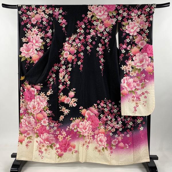 振袖 正絹 銀通し 地紋 染分け 花文 桜 美品 イ5832 振袖 身丈164cm 裄丈66cm M 袷 草花 桜 銀通し ラメ 黒 正絹 美