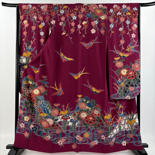 振袖 身丈162cm 裄丈64cm M 袷 花鳥 山並み 染め分け 赤紫 正絹 名品