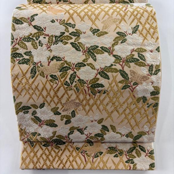 袋帯 美品 名品 草花 蝶 唐織 箔 ベージュ 六通 正絹 中古 在庫一掃