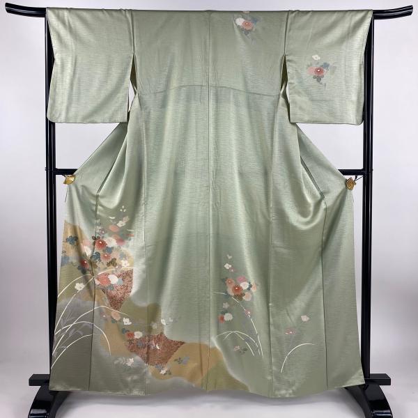 付下げ 身丈169cm 裄丈65.5cm M 袷 地紋 ぼかし 抹茶色 正絹 秀品