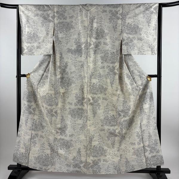 紬 身丈160.5cm 裄丈64cm M 袷 風景 建物 灰白 正絹 秀品 中古 在庫