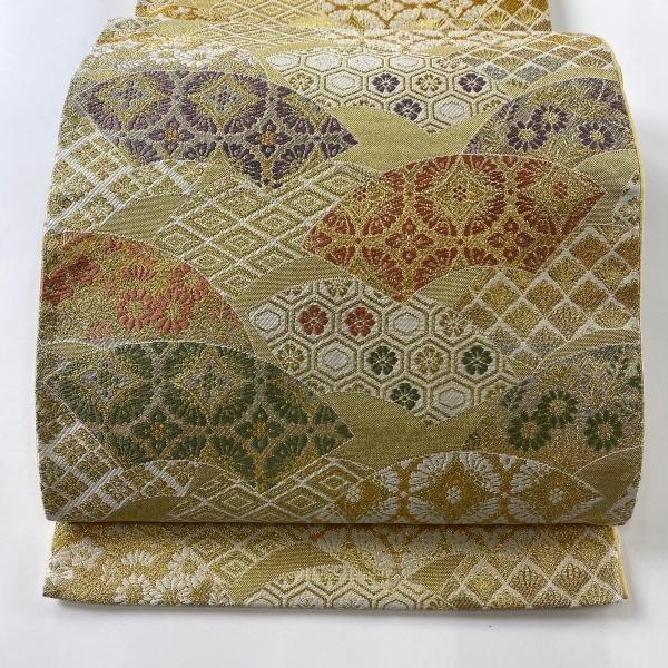 袋帯　6通帯　正絹　金銀糸 袋帯 美品 秀品 扇面 有職文様 金銀糸 金色 六通 正絹 中古