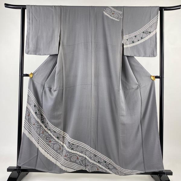 訪問着 身丈158cm 裄丈63.5cm S 袷 草花 斜縞 絞り 金彩 灰色 正絹 秀