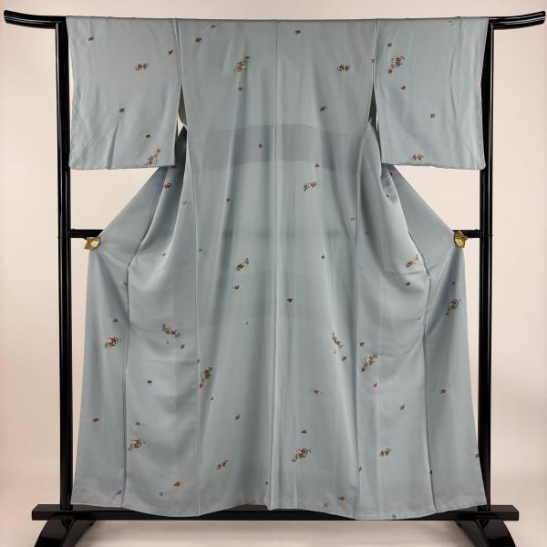 小紋 身丈157cm 裄丈63cm S 袷 ますいわ屋 草花 金糸 刺繍 水色 正絹