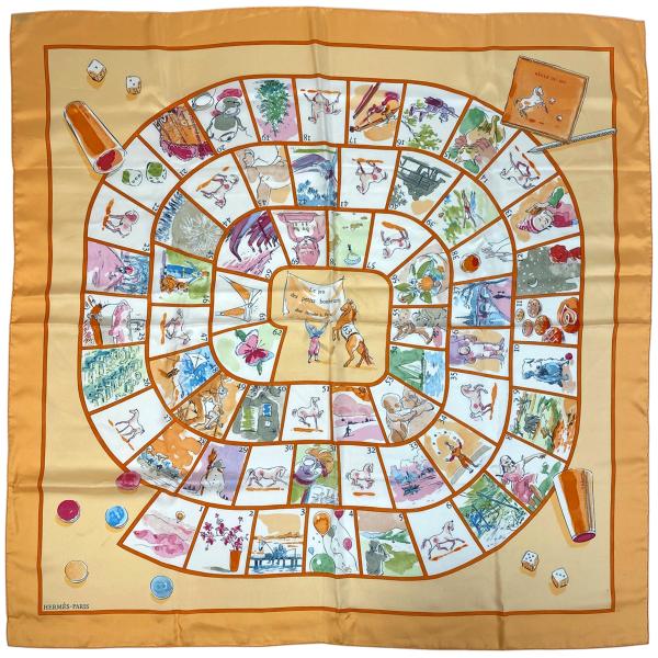 美品 可愛い エルメス シルクスカーフ カレ90 小さな幸せのゲーム 白色 双六 美品 可愛い エルメス シルクスカーフ カレ90 小さな幸せのゲーム 白色
