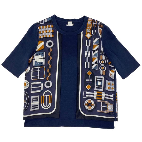 未使用 HERMES 半袖ニット ジップ 黒白 38 HERMES エルメス 半袖 ニット プリント カットソー トップス