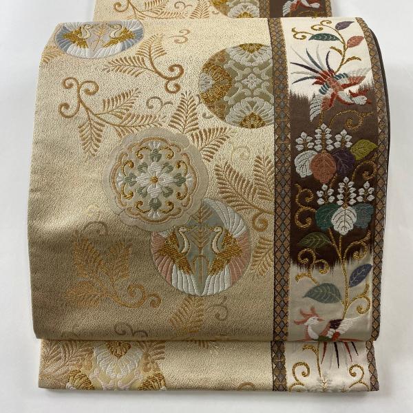 袋帯 欧風花鳥精華文 未使用品 華紋 鳳凰 鶴 鳥 金糸 正絹 六通 Q906 袋帯 秀品 華文 花鳥 刺繍 金糸 ベージュ 六通 正絹 中古