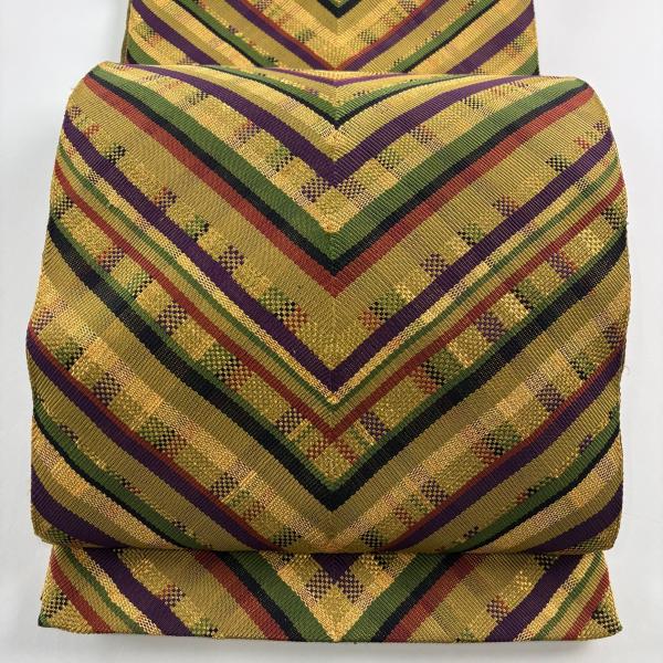 C5 美品 水玉 幾何学模様 茶色 金糸 正絹 六通 名古屋帯 O67 C5 美品 水玉 幾何学模様 茶色 金糸 正絹 六通 名古屋帯 O67 在庫